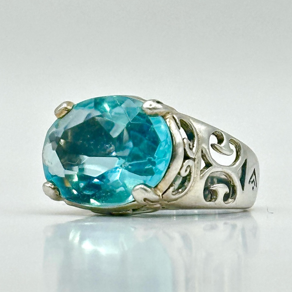 Silpada Retired Blue R2387 Cove Sterling Silver & Oval Aqua Glass Ring Size 7.5